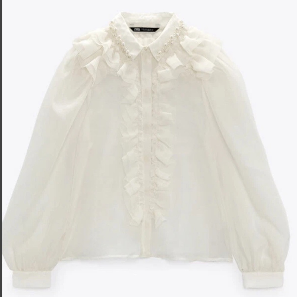 Zara Cream Ruffled Button Down Shirt